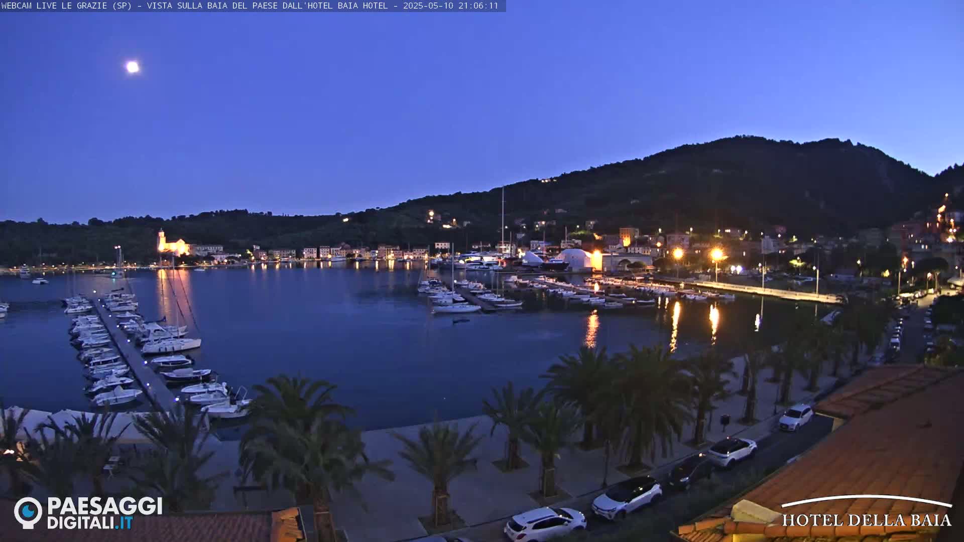 A moonlit harbor at twilight, filled with boats moored at docks, is nestled beneath a hill dotted with lights.