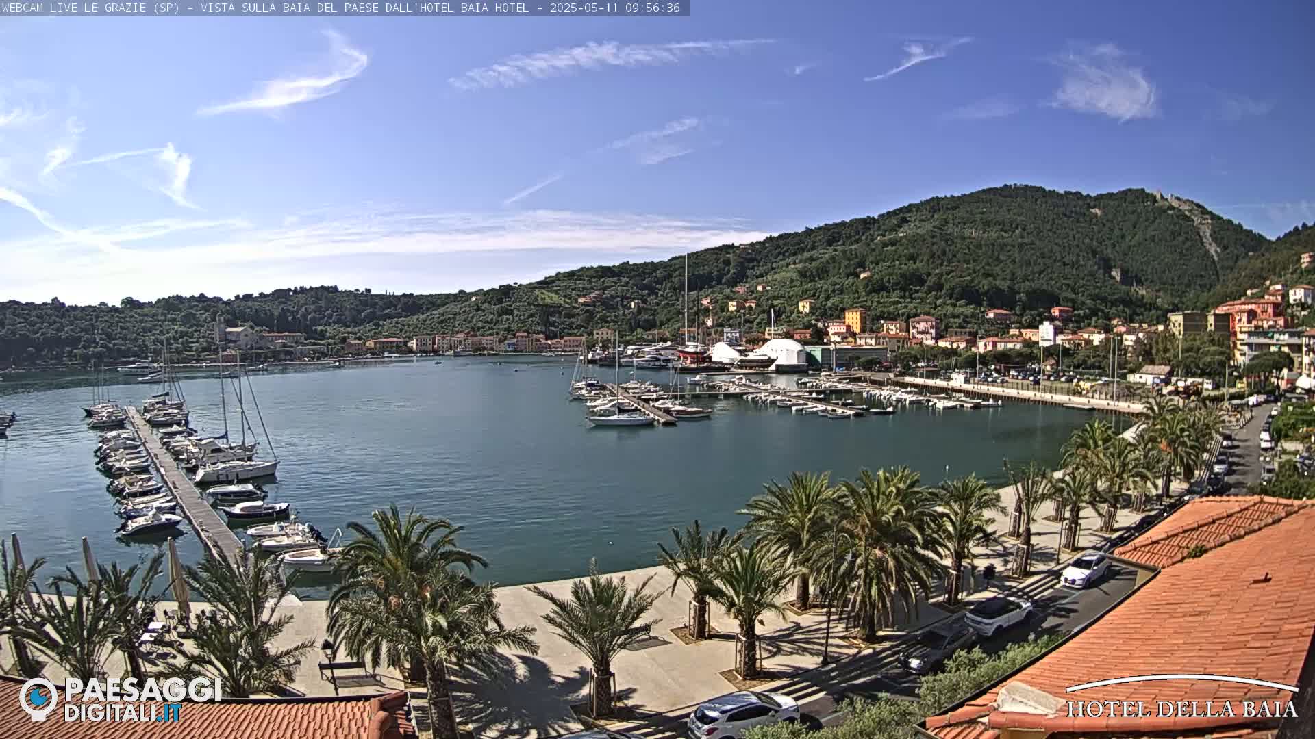 A harbor filled with sailboats is nestled beneath a sunny sky, backed by a hillside town and lush green mountains.