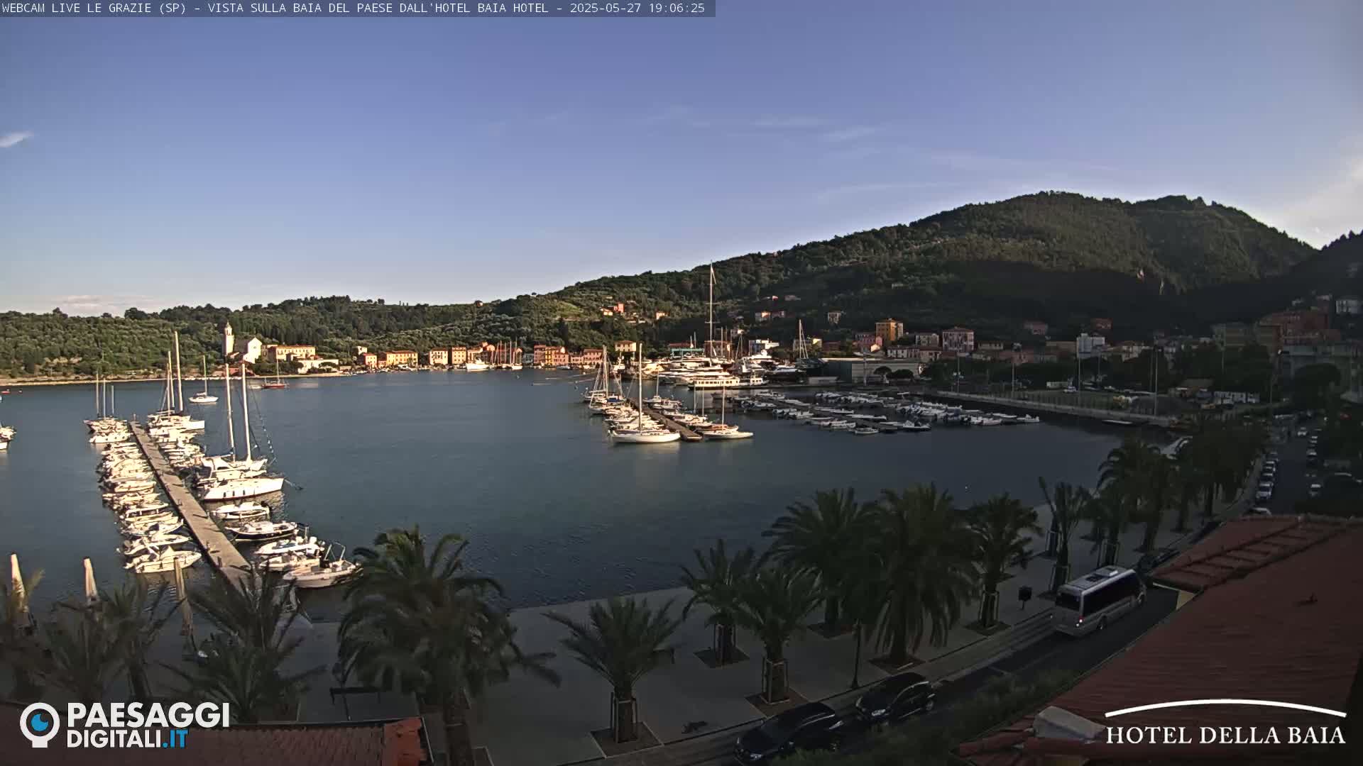 A harbor filled with sailboats is nestled below a hillside town under a clear, twilight sky.
