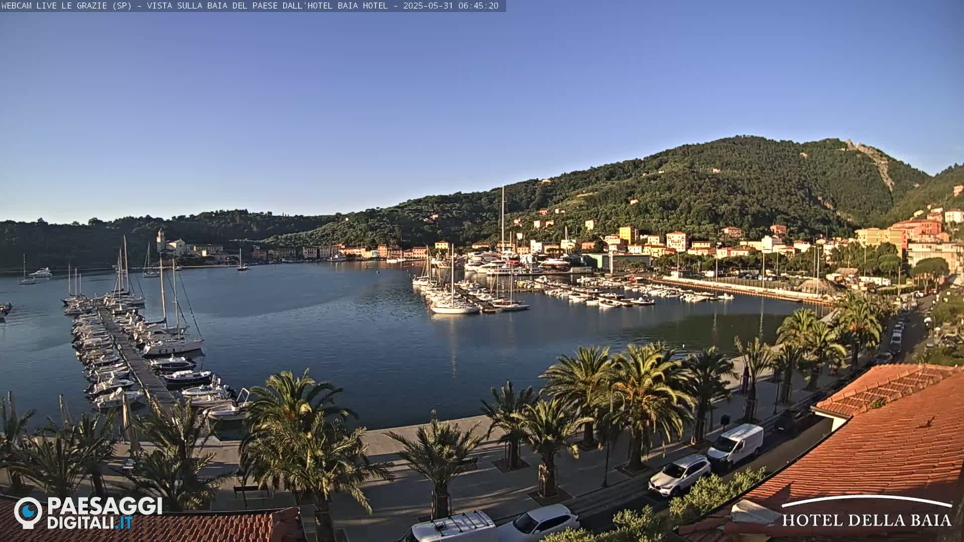 A harbor filled with sailboats is situated below a hillside town on a clear, sunny morning.