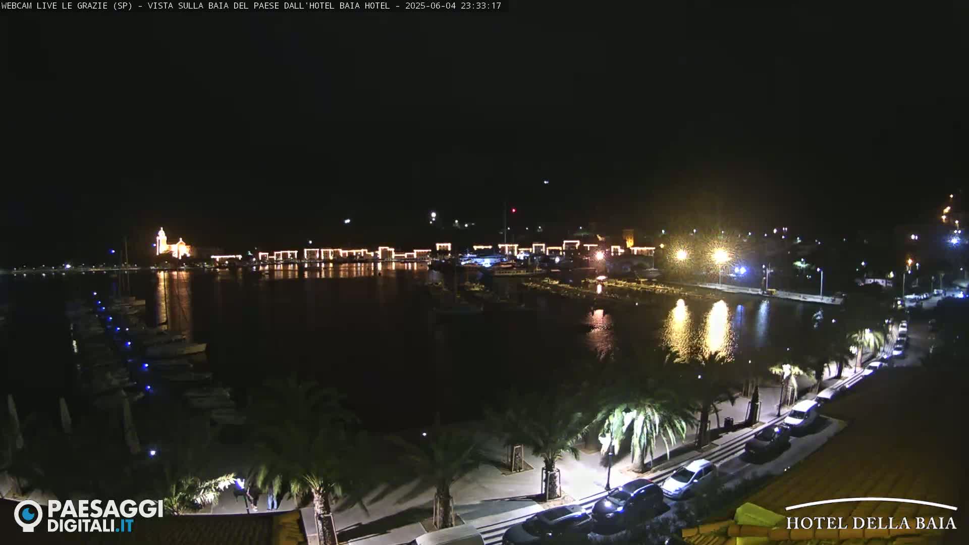 A nighttime view of a harbor filled with boats, illuminated buildings along the waterfront, and palm trees lining a paved walkway.