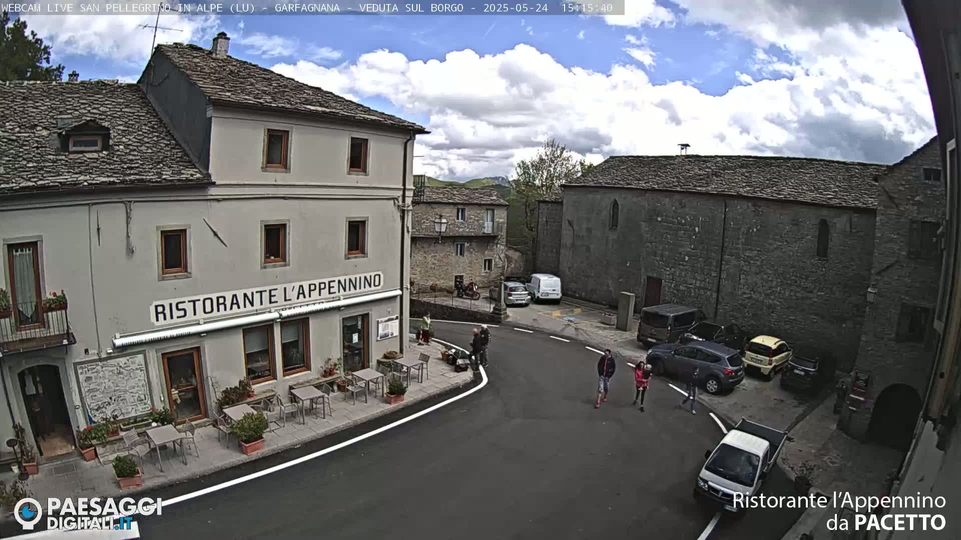 A partly cloudy day in a small European town square with stone buildings, a restaurant with outdoor seating, several parked cars, and a few pedestrians.