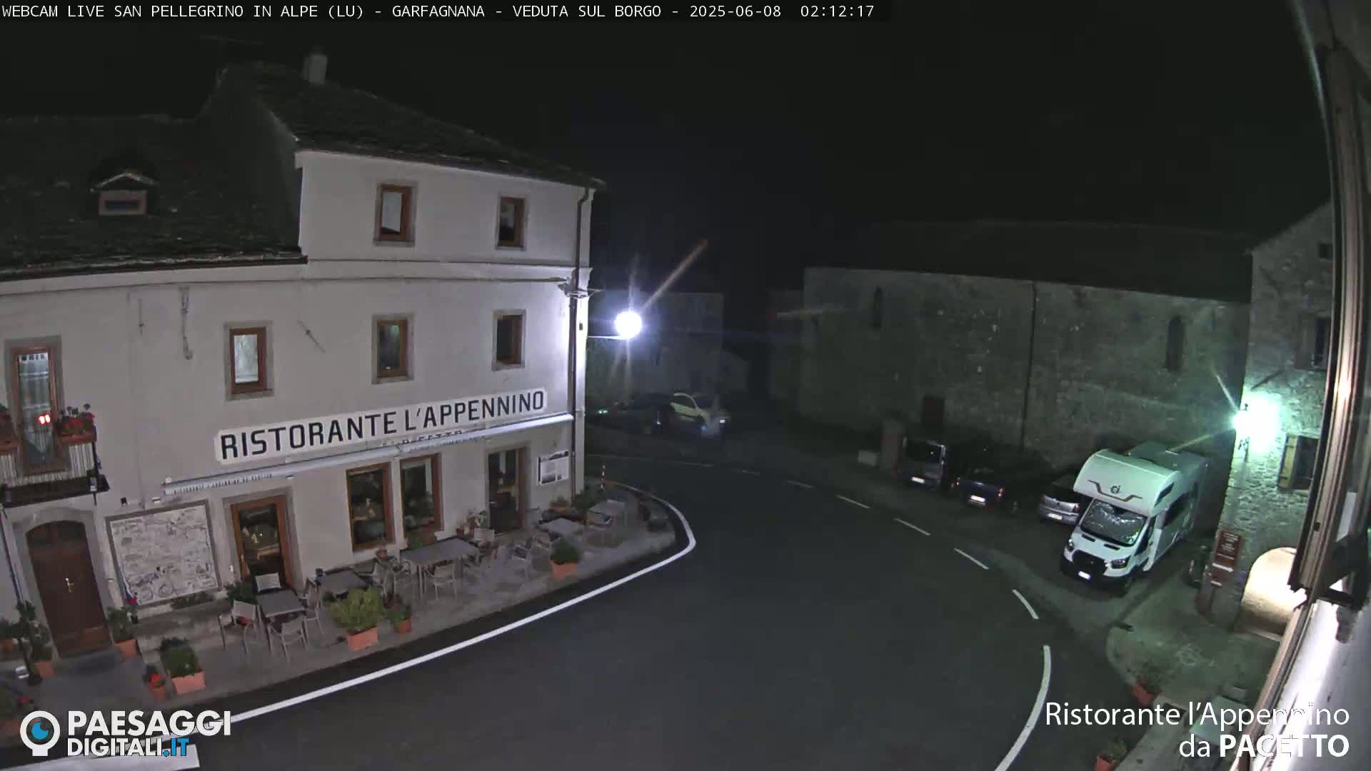 A nighttime, overhead view of a town square with a restaurant, several parked cars, and a camper van, under a dark sky.