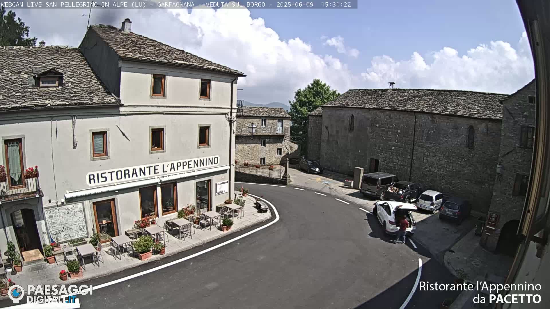 A partly cloudy day in a small town square with stone buildings, a restaurant with outdoor seating, and several parked cars.