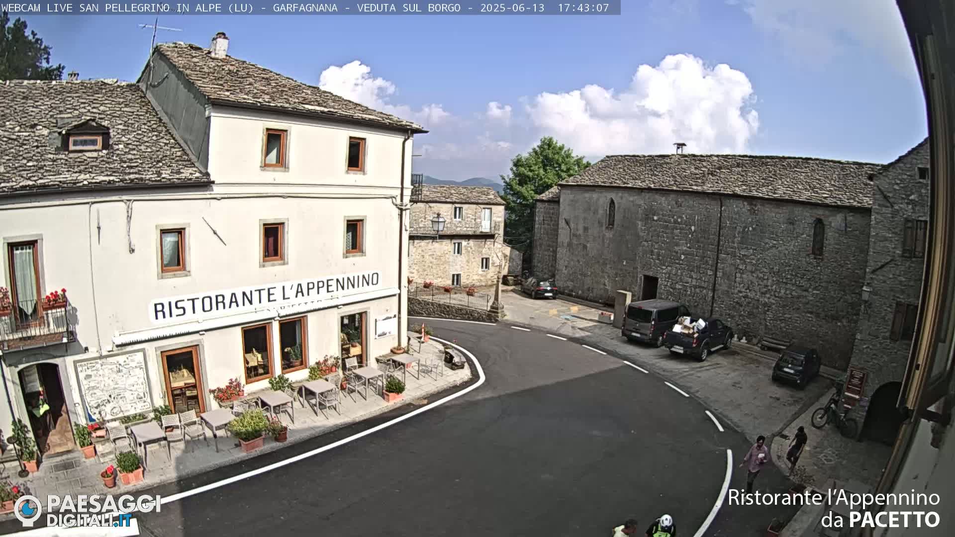 A partly sunny outdoor scene shows a town square with stone buildings, a restaurant with outdoor seating, and a few vehicles and people.