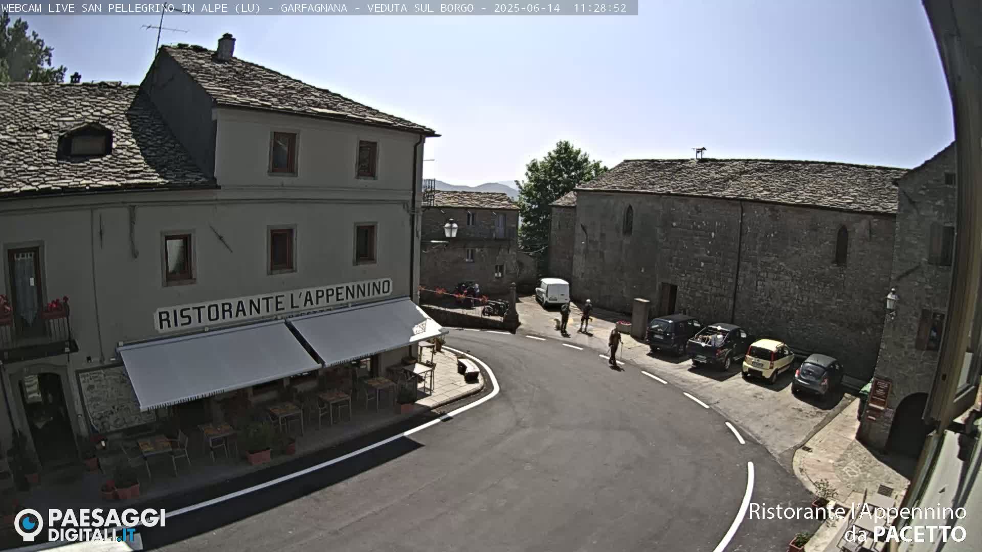 A sunny, outdoor view of a town square with several parked cars, a restaurant with outdoor seating, and a few pedestrians.