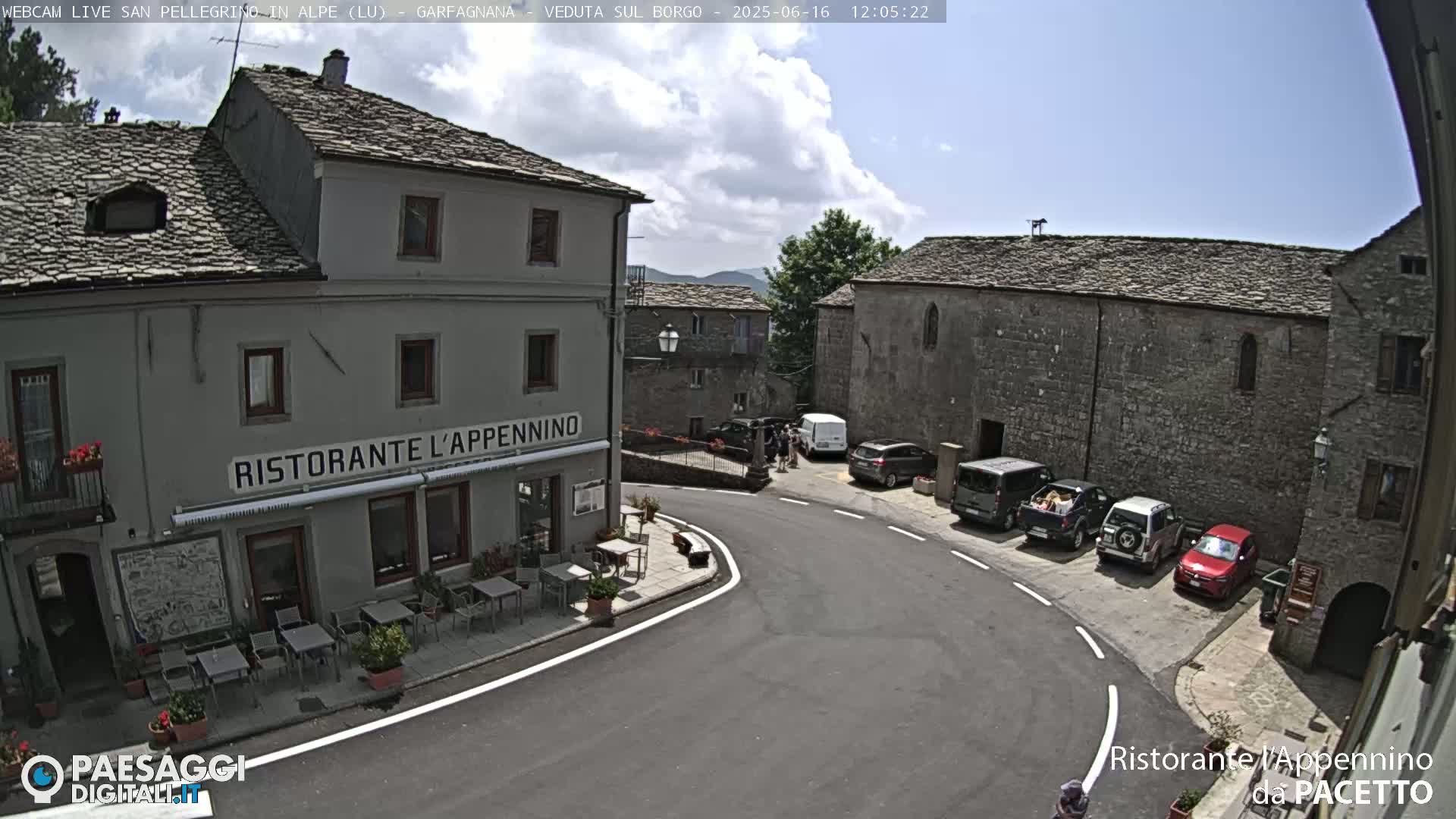 A mostly sunny day reveals a quaint village square with several parked cars, a restaurant with outdoor seating, and stone buildings.