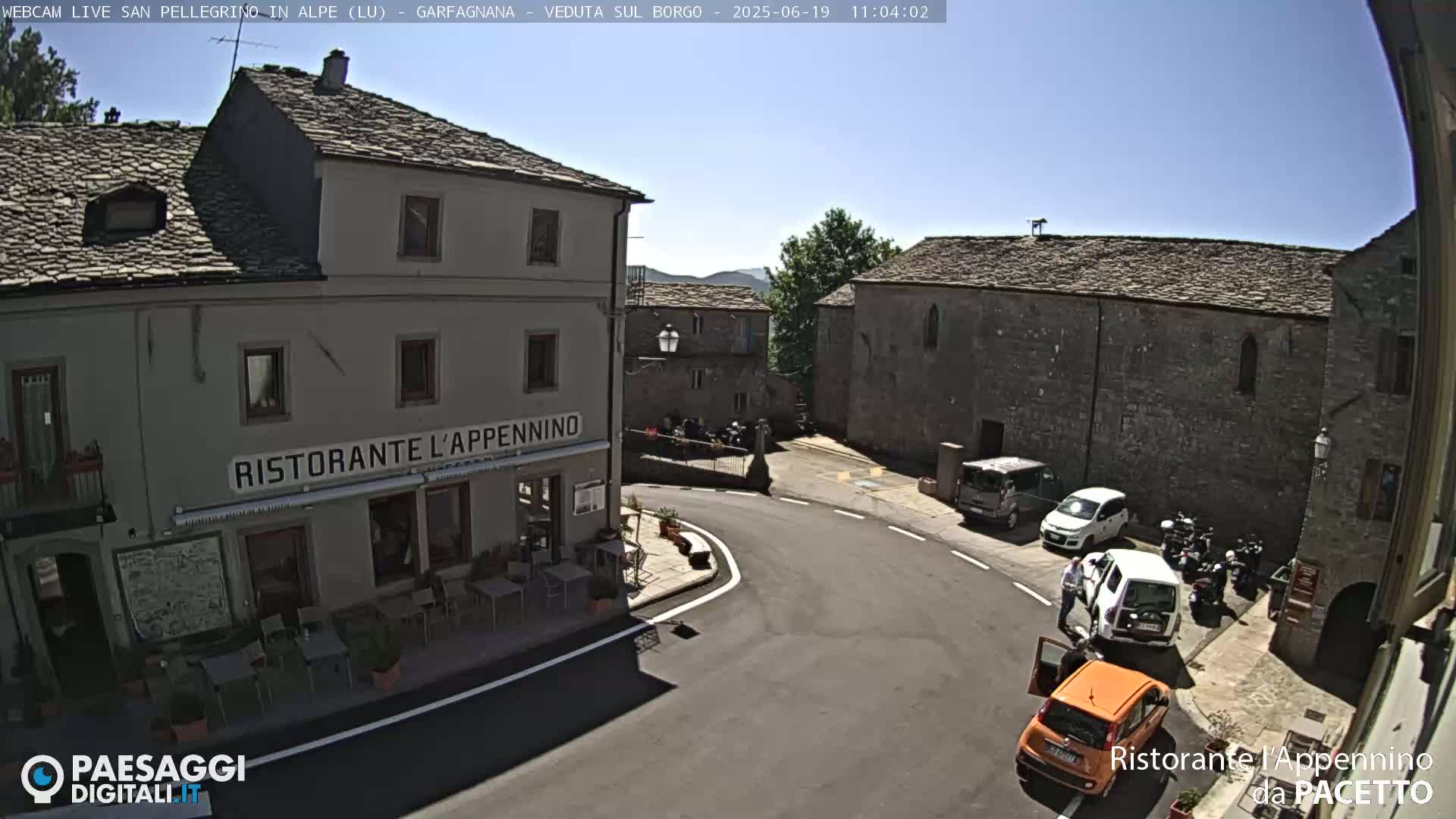A sunny, high-angle view of a European village square with several cars parked near a restaurant.
