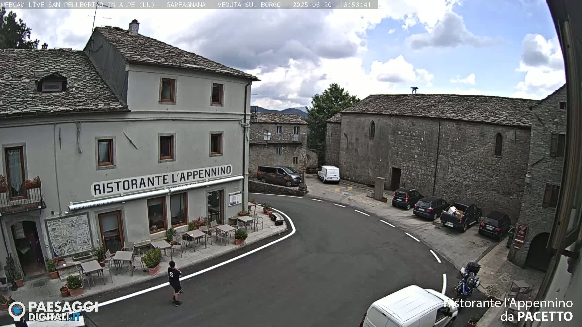 A partly cloudy day reveals a village square with stone buildings, a restaurant with outdoor seating, several parked cars, and a person walking.