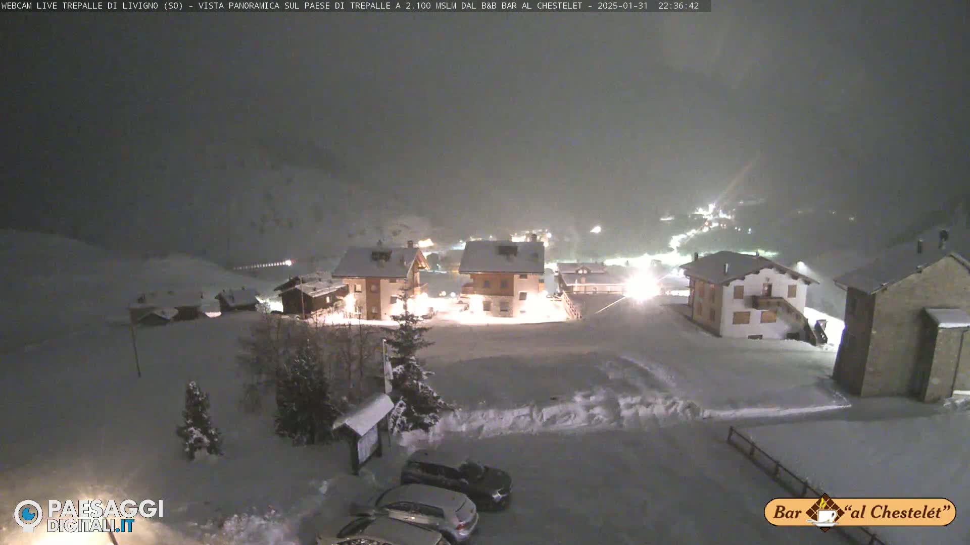 A snow-covered village at night, with several buildings lit up under a heavy snowfall.