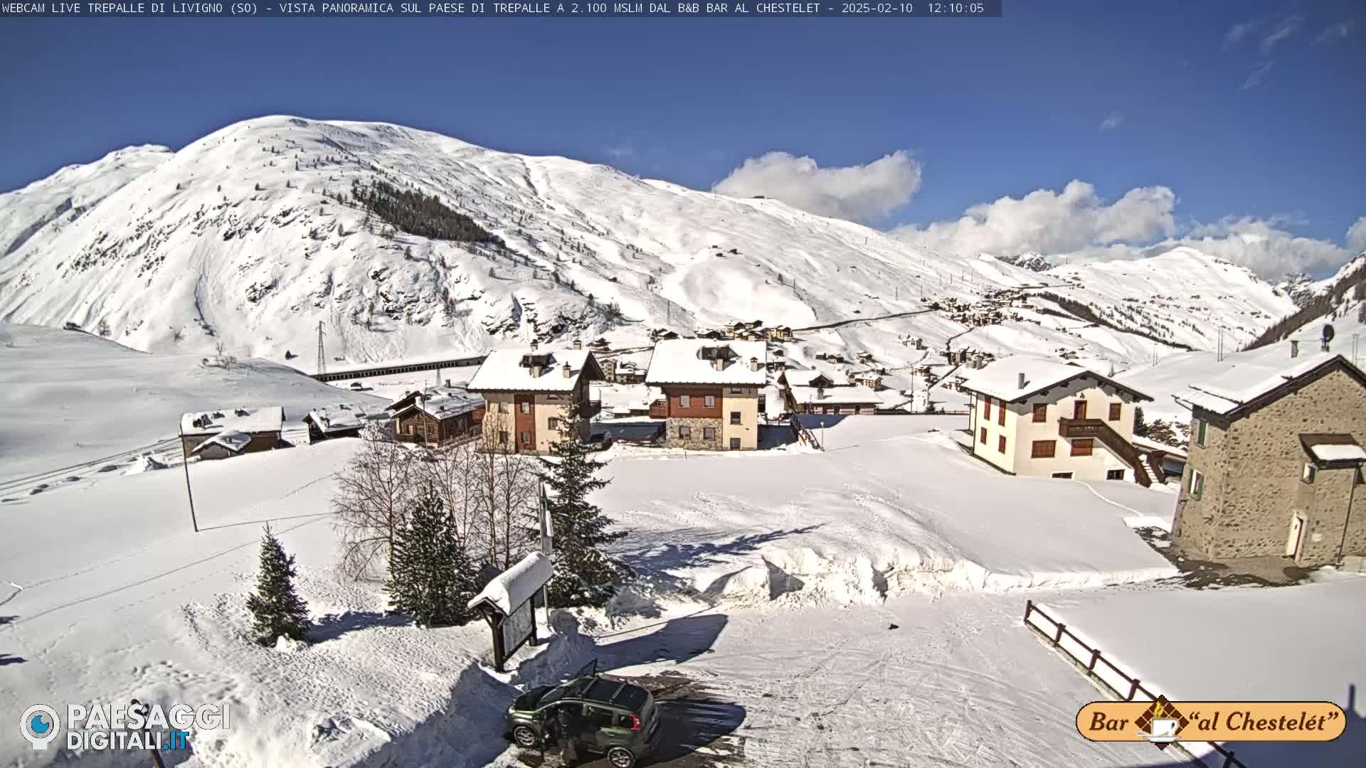 A snow-covered village nestled in a valley surrounded by snow-dusted mountains under a mostly sunny sky.