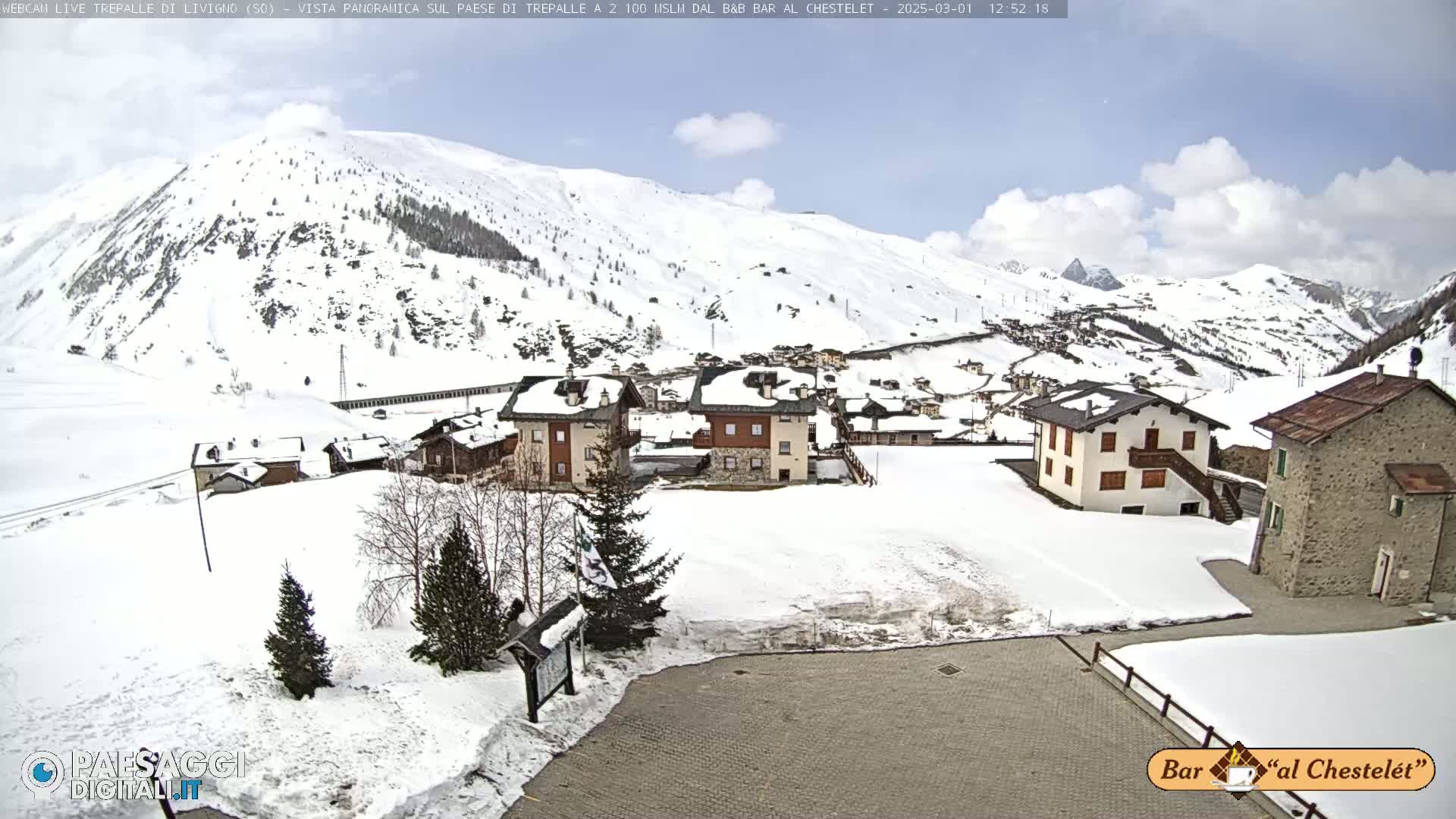 A snow-covered village nestled in a valley between snow-capped mountains under a partly cloudy sky.