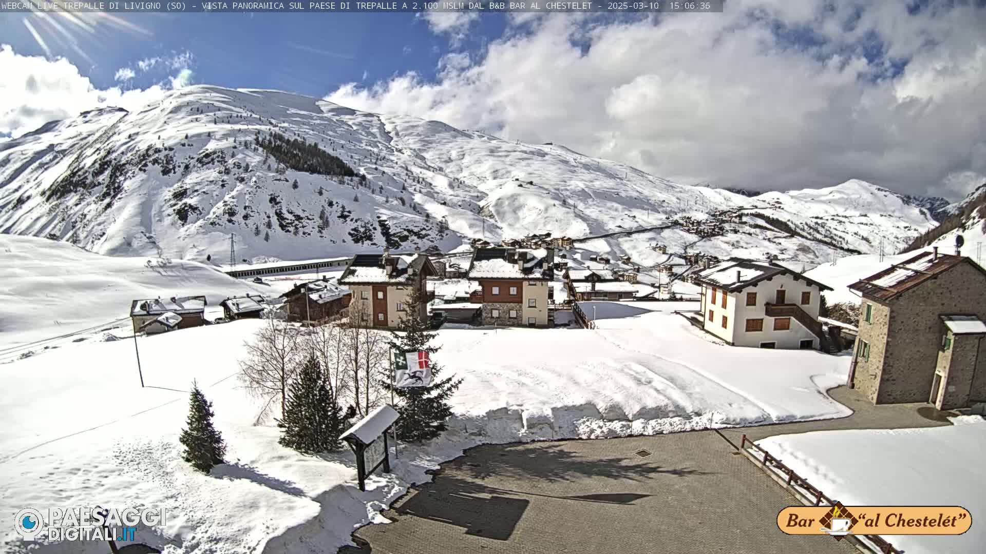 A snow-covered village nestled in a valley surrounded by snow-capped mountains under a partly cloudy sky.
