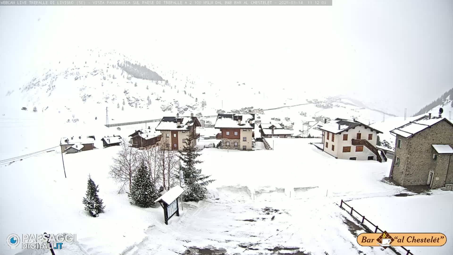 A snow-covered village nestled in a mountainous region during a light snowfall.