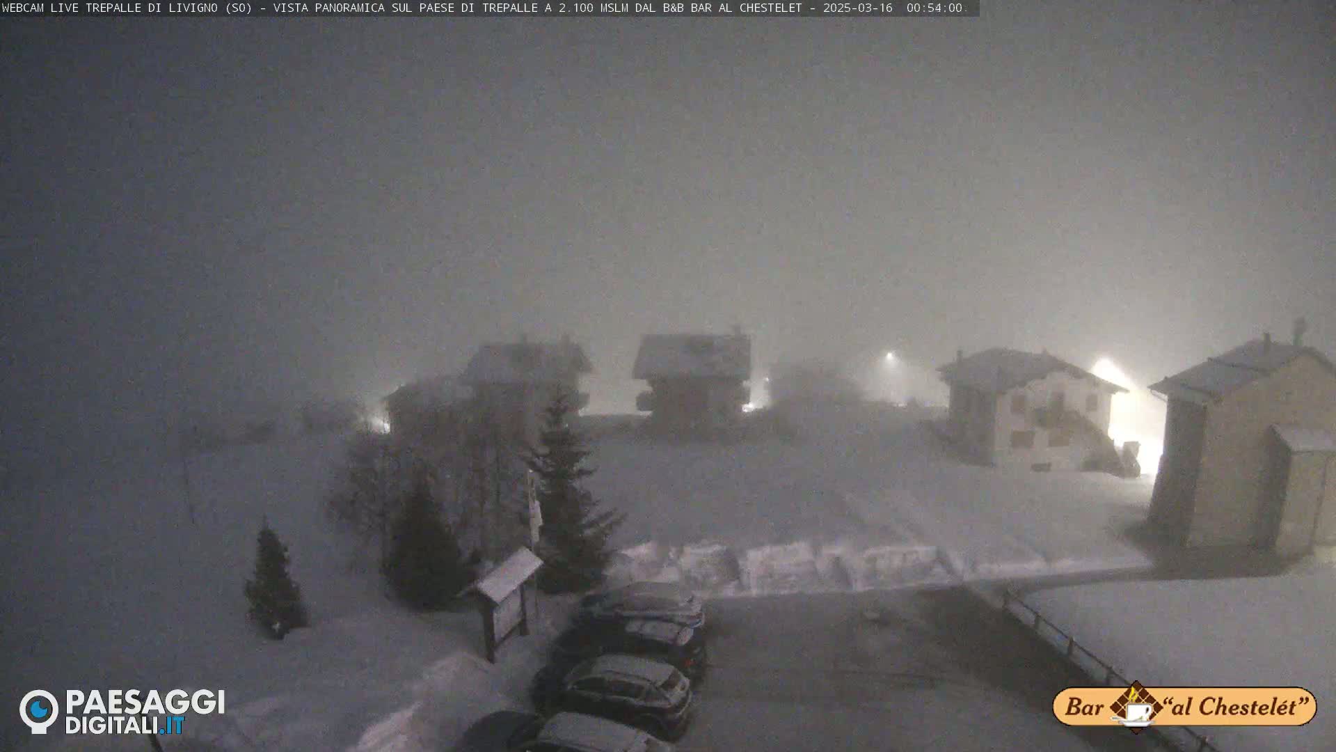 A snow-covered landscape at night, with several buildings partially obscured by heavy snowfall and fog.