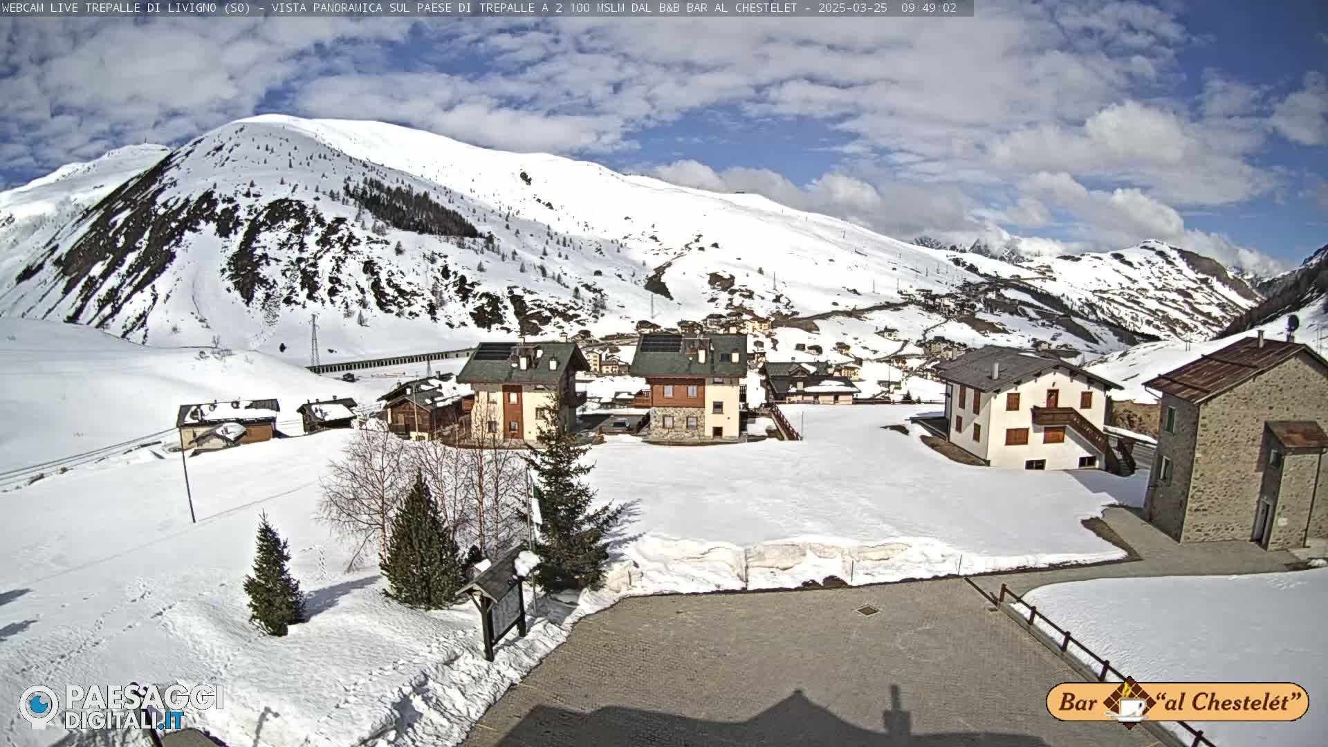 A snow-covered village nestled in a valley surrounded by snow-capped mountains under a partly cloudy, sunny sky.