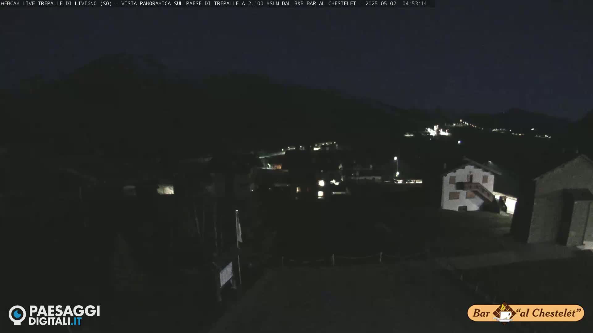 A nighttime, panoramic view of a small village nestled in a dark valley under a clear, dark sky.