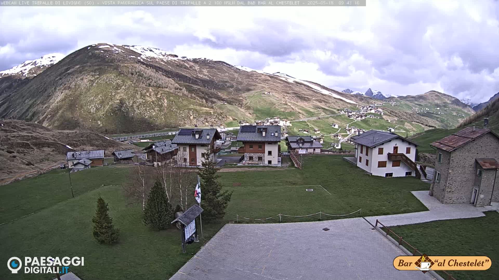 A village nestled in a valley surrounded by mountains with patchy snow, under a partly cloudy sky.