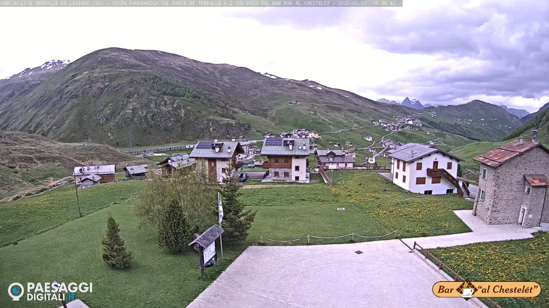 A small village nestled in a valley between mountains under a partly cloudy sky.