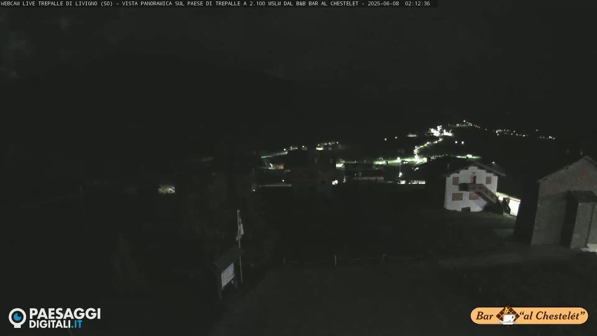 A nighttime, panoramic view of a dimly lit village nestled in a dark landscape.
