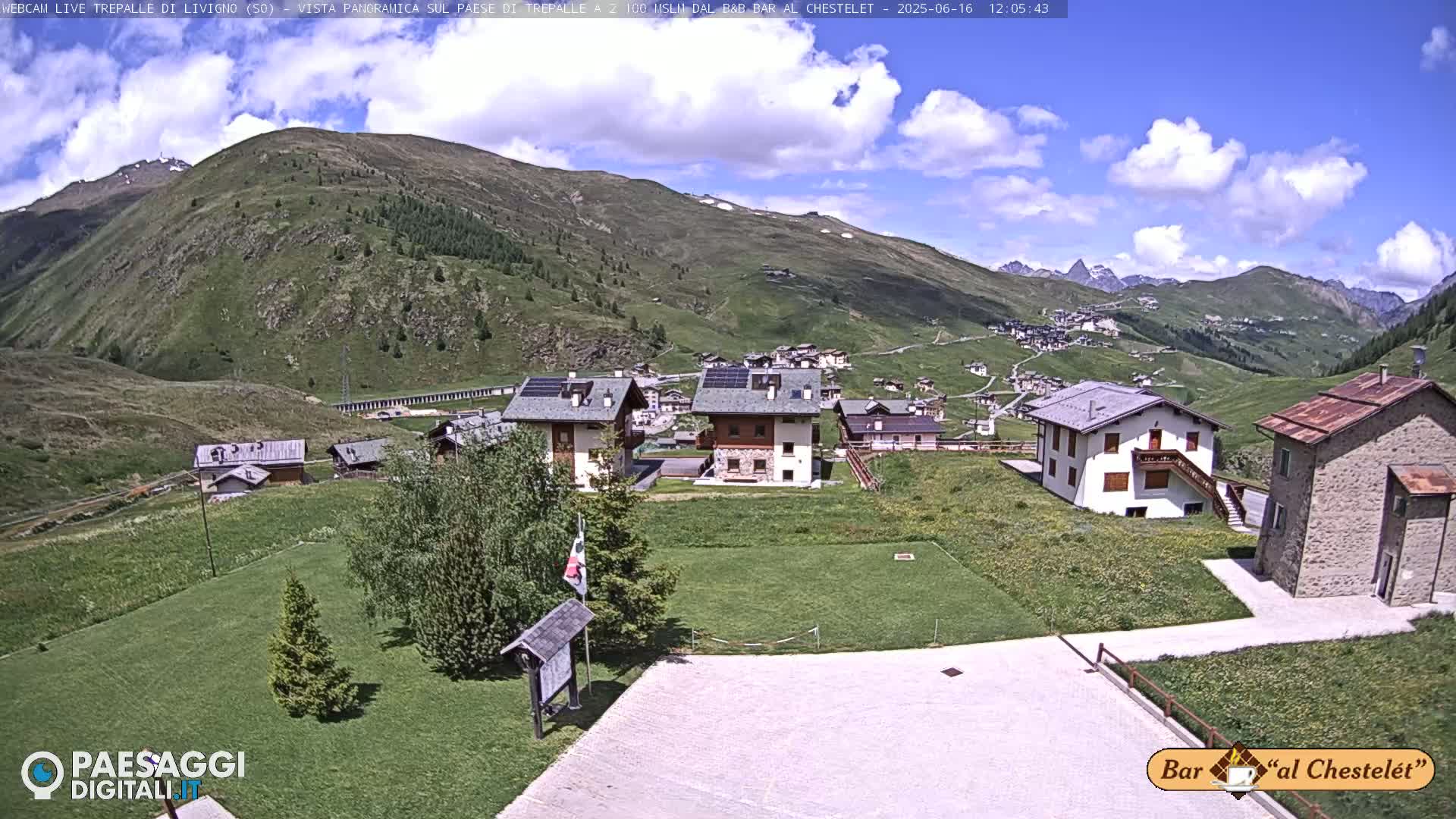 A mountain village nestled in a valley under a partly cloudy blue sky.