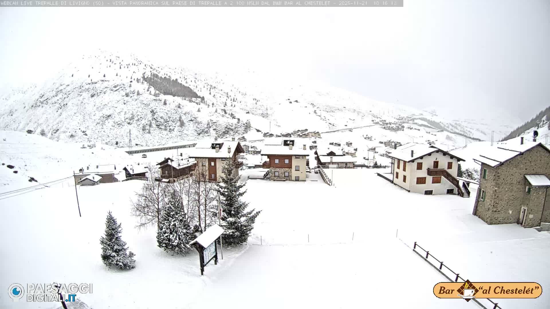 A snow-covered alpine village with numerous houses, a few evergreen trees, and surrounding mountains lies under an overcast sky on a snowy winter day.