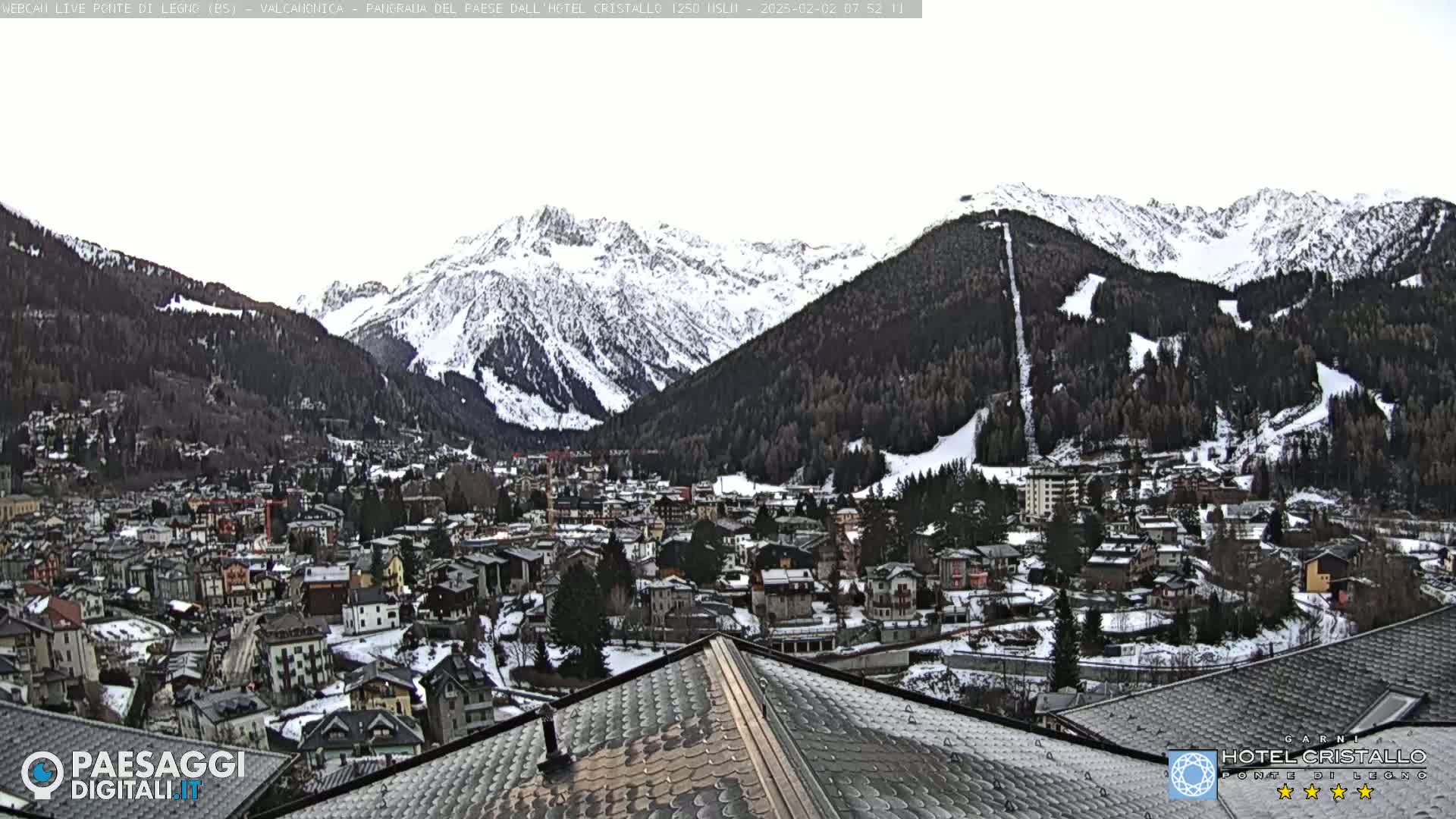 A snow-covered mountain village nestled in a valley surrounded by snow-capped mountains under a cloudy sky.