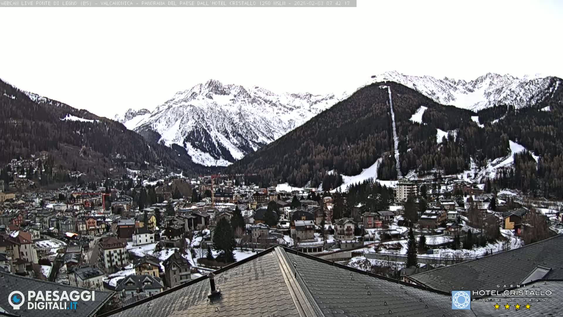 A snow-covered mountain town nestled in a valley between snow-capped mountains.