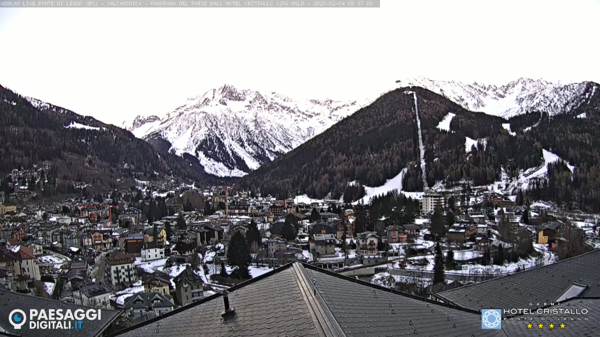 A snow-covered mountain town nestled in a valley surrounded by snow-capped mountains under a mostly clear sky.