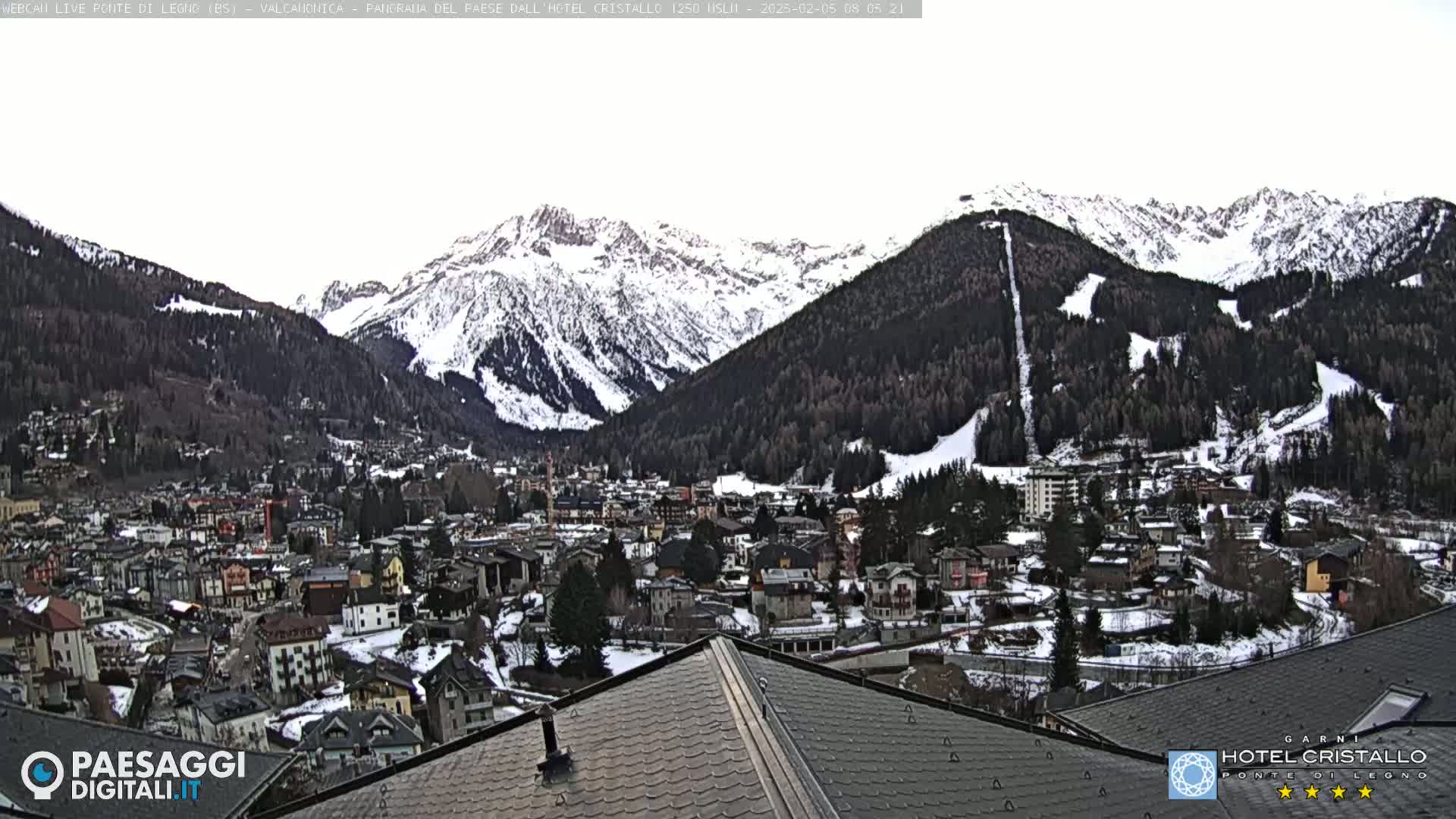 A snow-covered mountain village nestled in a valley between snow-capped mountains under an overcast sky.