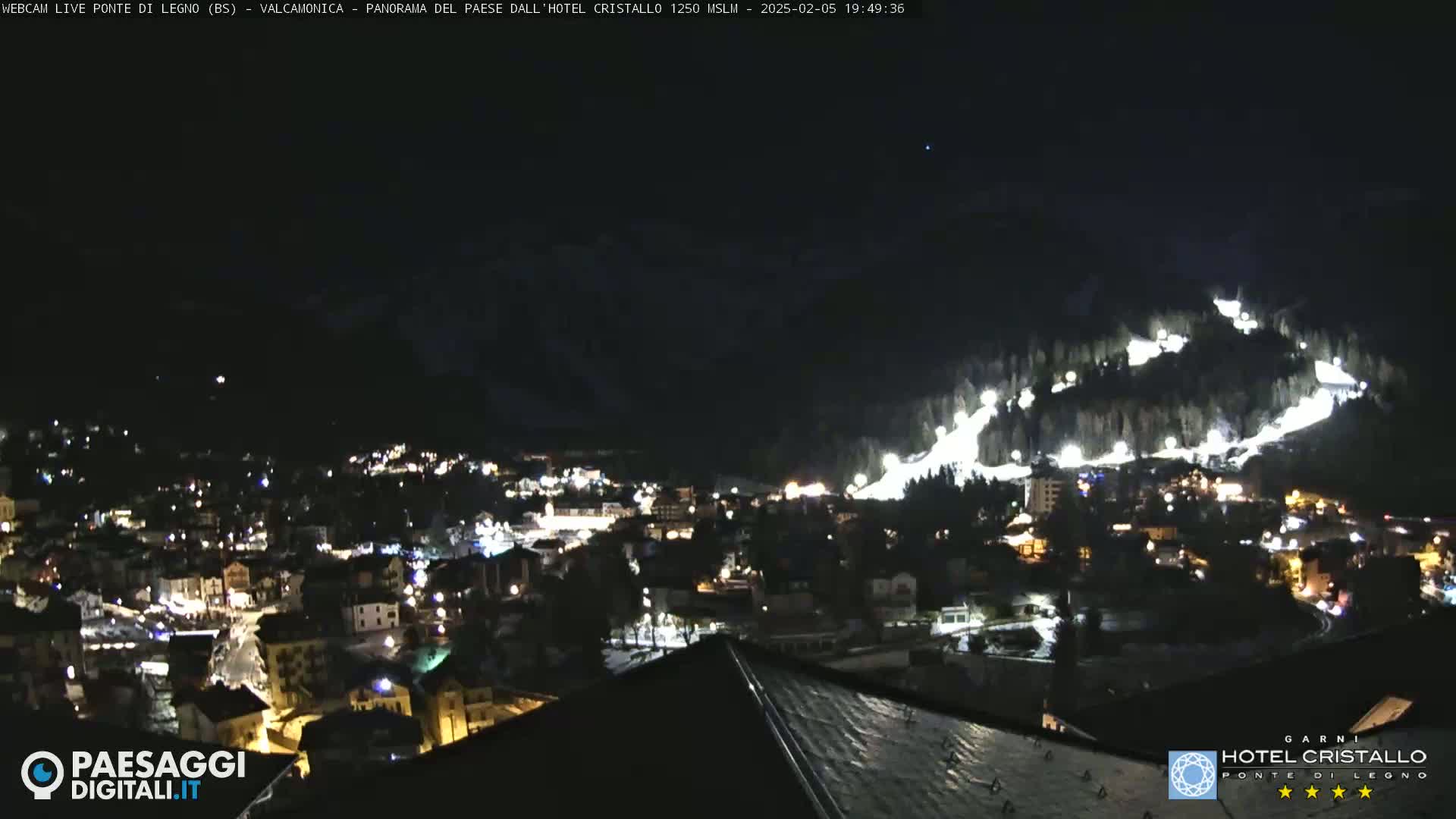 A nighttime view of a snow-covered hillside with illuminated ski slopes and a town below, lit by streetlights.