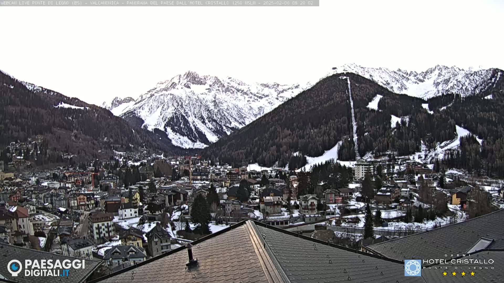 A snow-covered mountain range overlooks a town nestled in a valley, with a partially cloudy sky.