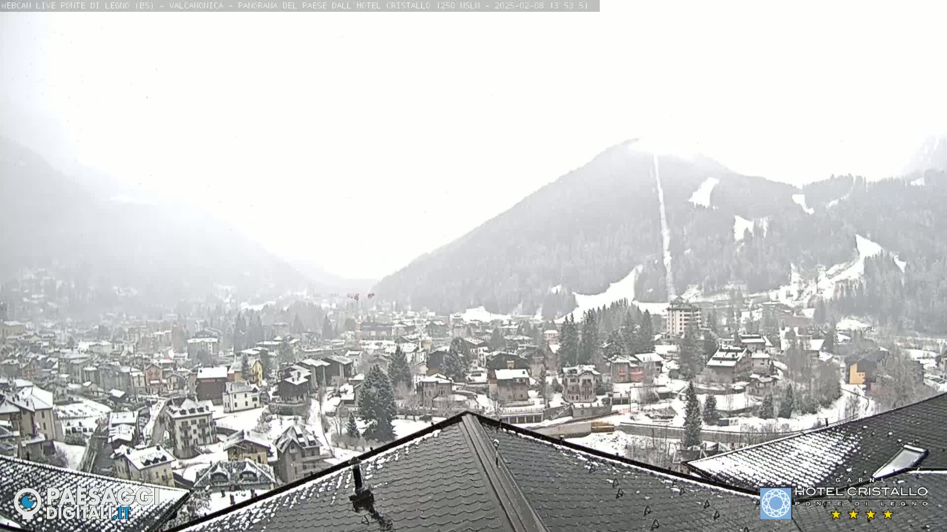 A snow-covered town nestled in a valley between snow-dusted mountains is viewed from a rooftop during a light snowfall.