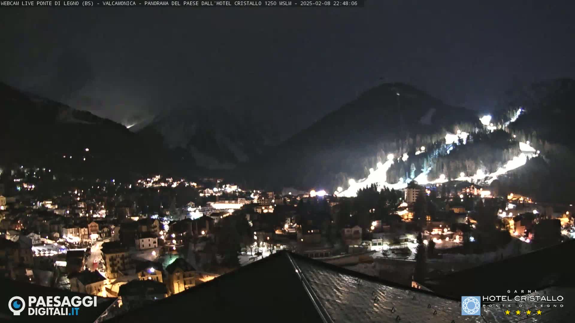 A nighttime view of a snow-covered mountainside with illuminated ski slopes overlooking a town with many lights.