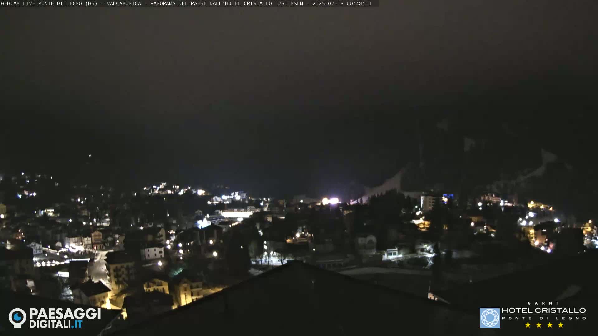 A nighttime view of a snow-covered town illuminated by scattered lights under a dark sky.