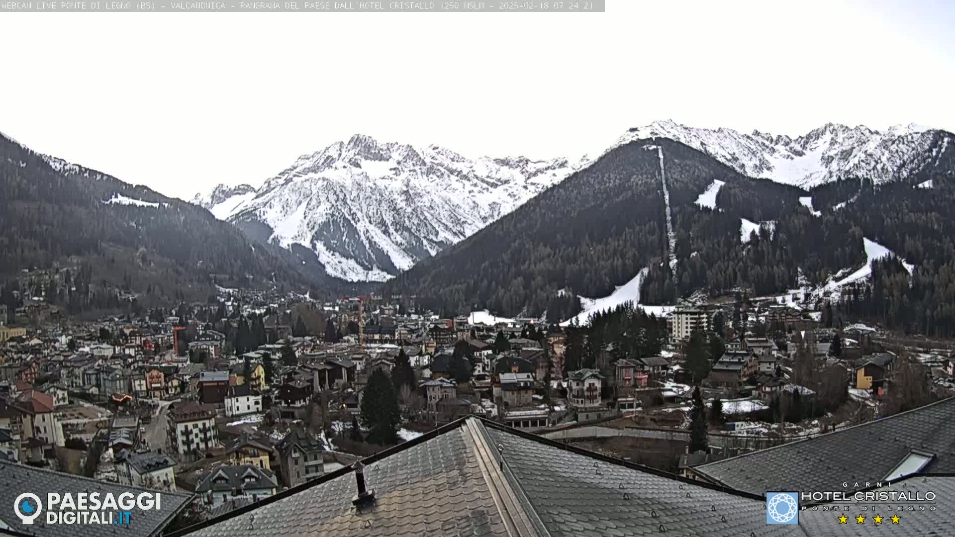A snow-covered mountain range overlooks a town nestled in a valley.