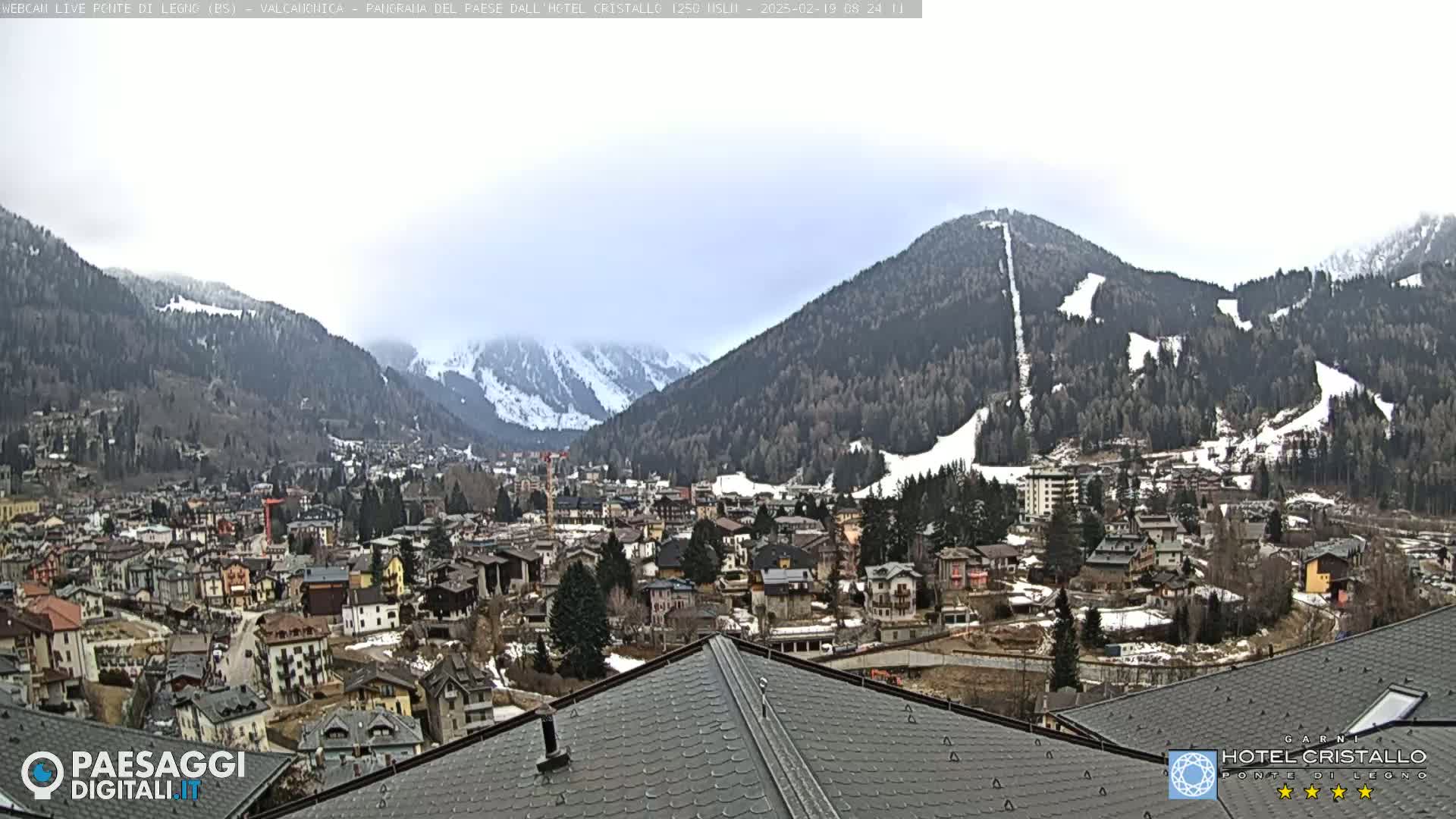 A mountain town nestled in a valley, surrounded by snow-capped mountains under an overcast sky.