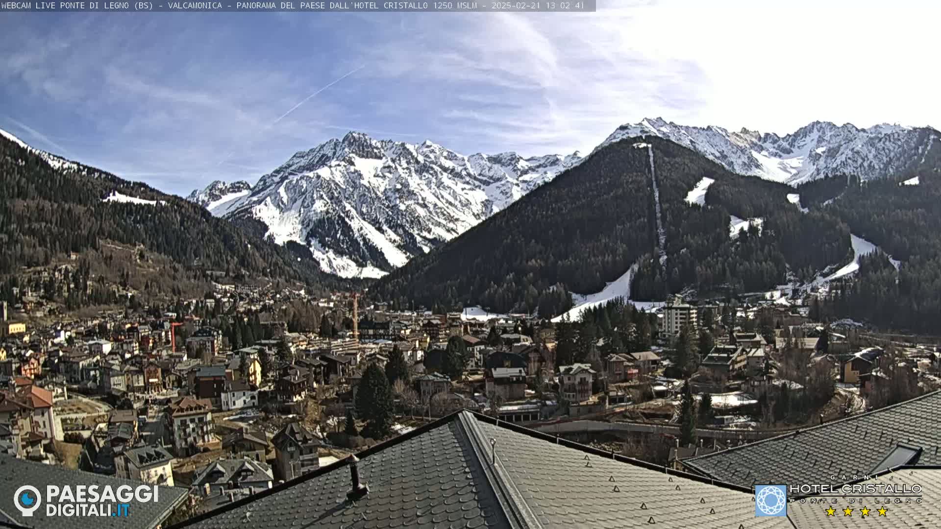 A sunny view of a snow-capped mountain range overlooking a town nestled in a valley.