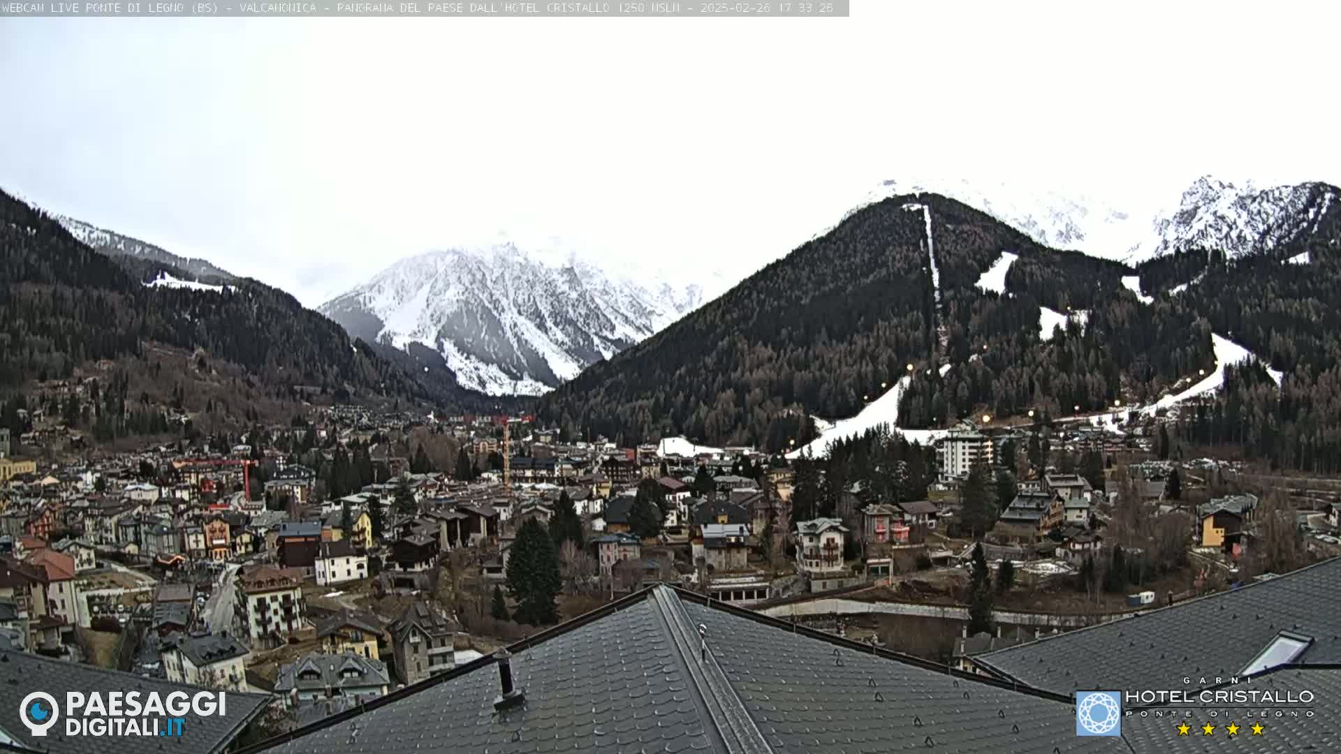 A mountain town nestled in a valley, surrounded by snow-capped mountains under an overcast sky.