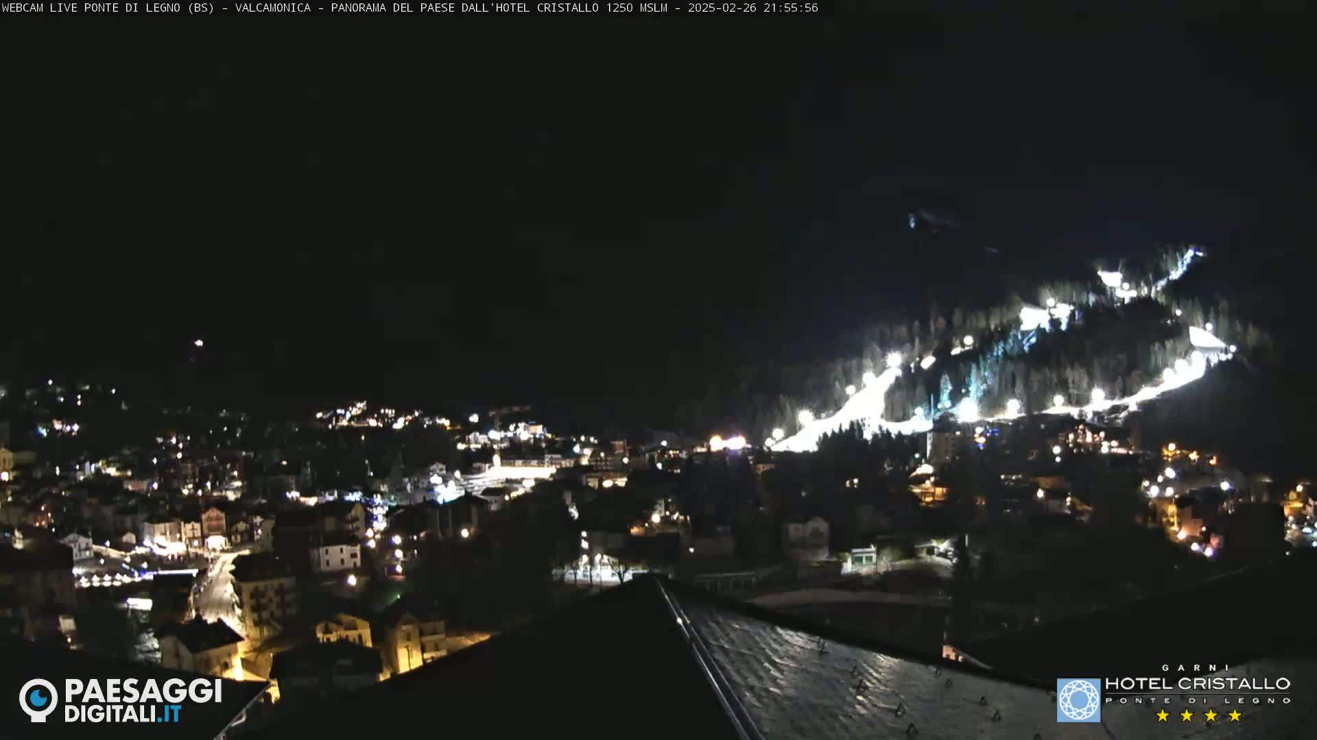 A nighttime view of a snow-covered ski slope illuminated by lights, overlooking a town with scattered lights below.