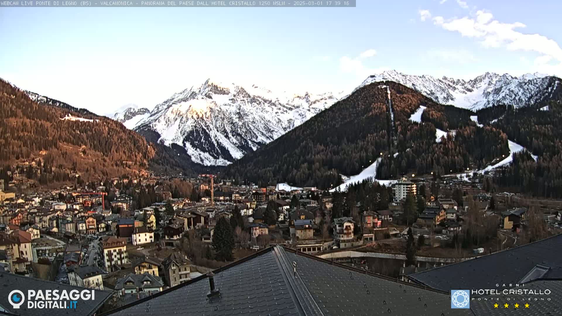 A mountain town nestled in a valley, overlooked by snow-capped mountains under a mostly clear sky.