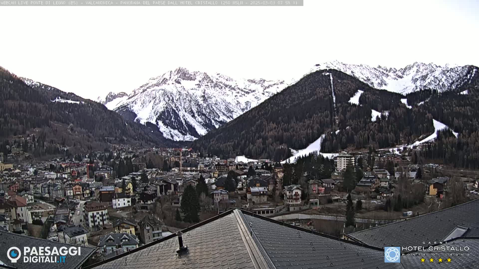 A snow-covered mountain range overlooks a town nestled in a valley under a mostly clear sky.