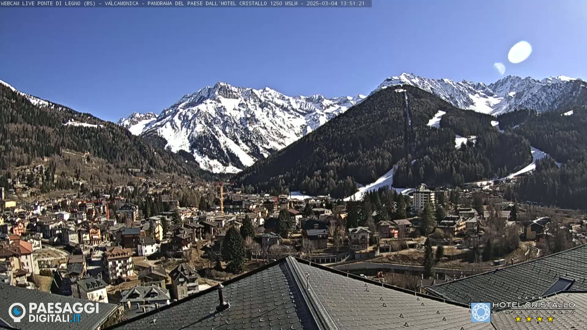 A sunny view of a snow-capped mountain range overlooking a village nestled in a valley.