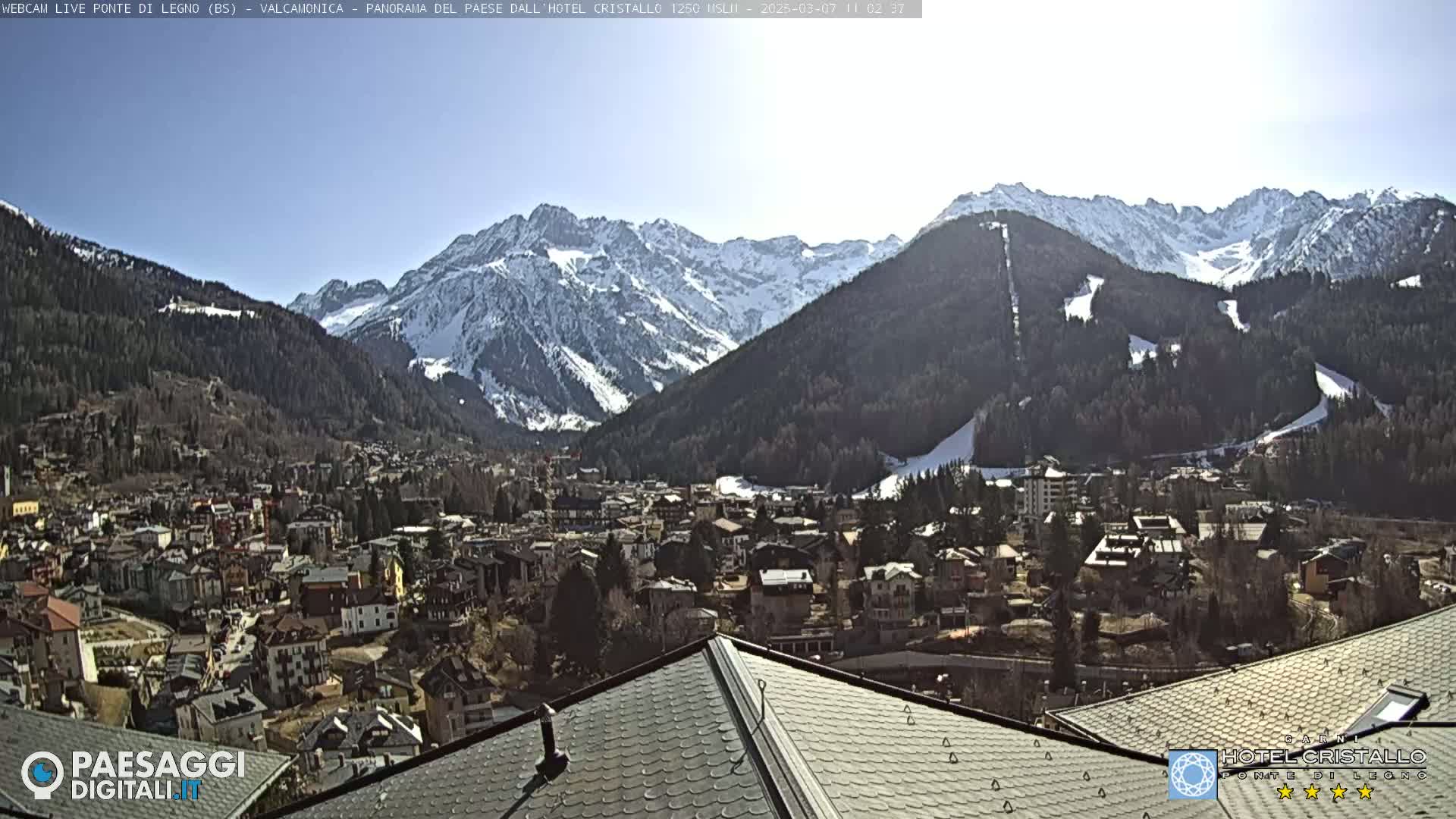 A sunny view from a rooftop shows a town nestled in a valley surrounded by snow-capped mountains.
