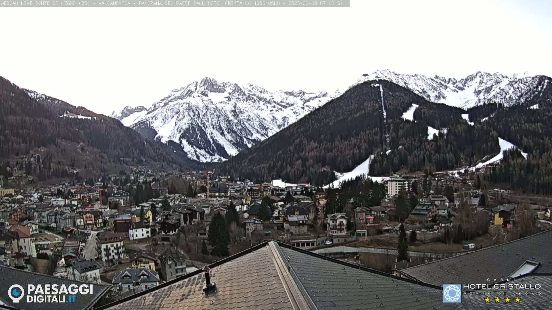A snow-capped mountain range overlooks a town nestled in a valley on an overcast day.
