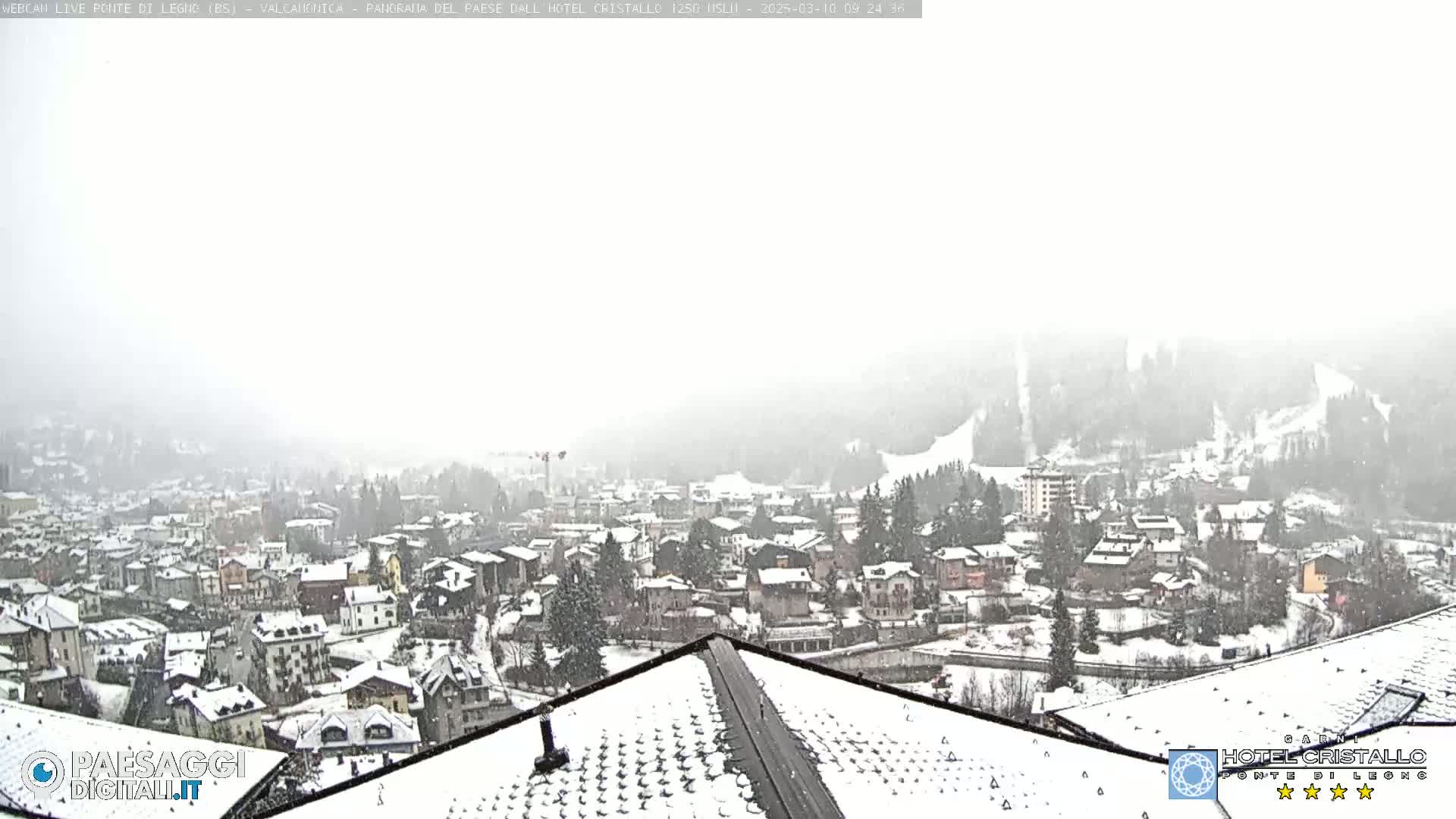 A snow-covered town nestled in a valley, viewed from a snow-covered rooftop, with light snow falling.