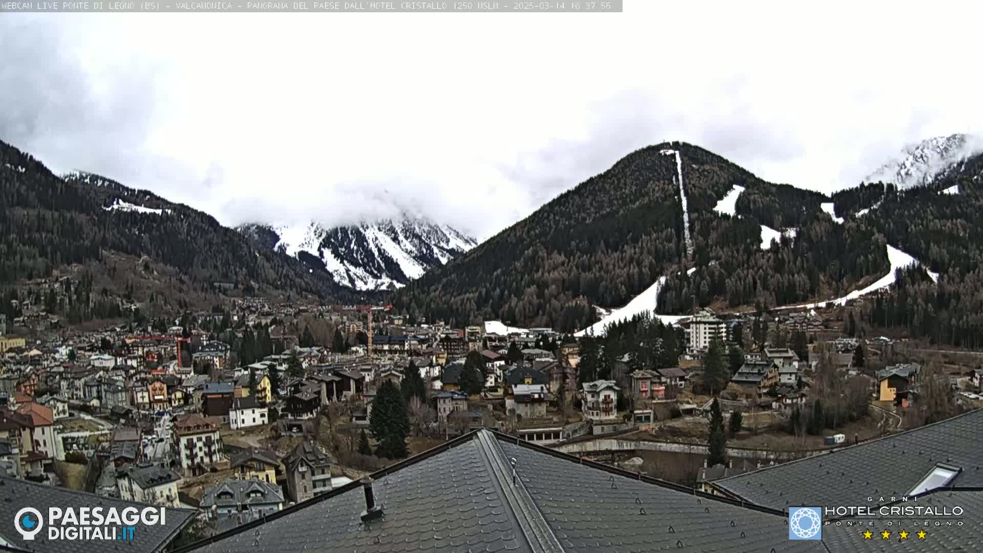 A mountain town nestled in a valley with snow-capped mountains in the background under an overcast sky.