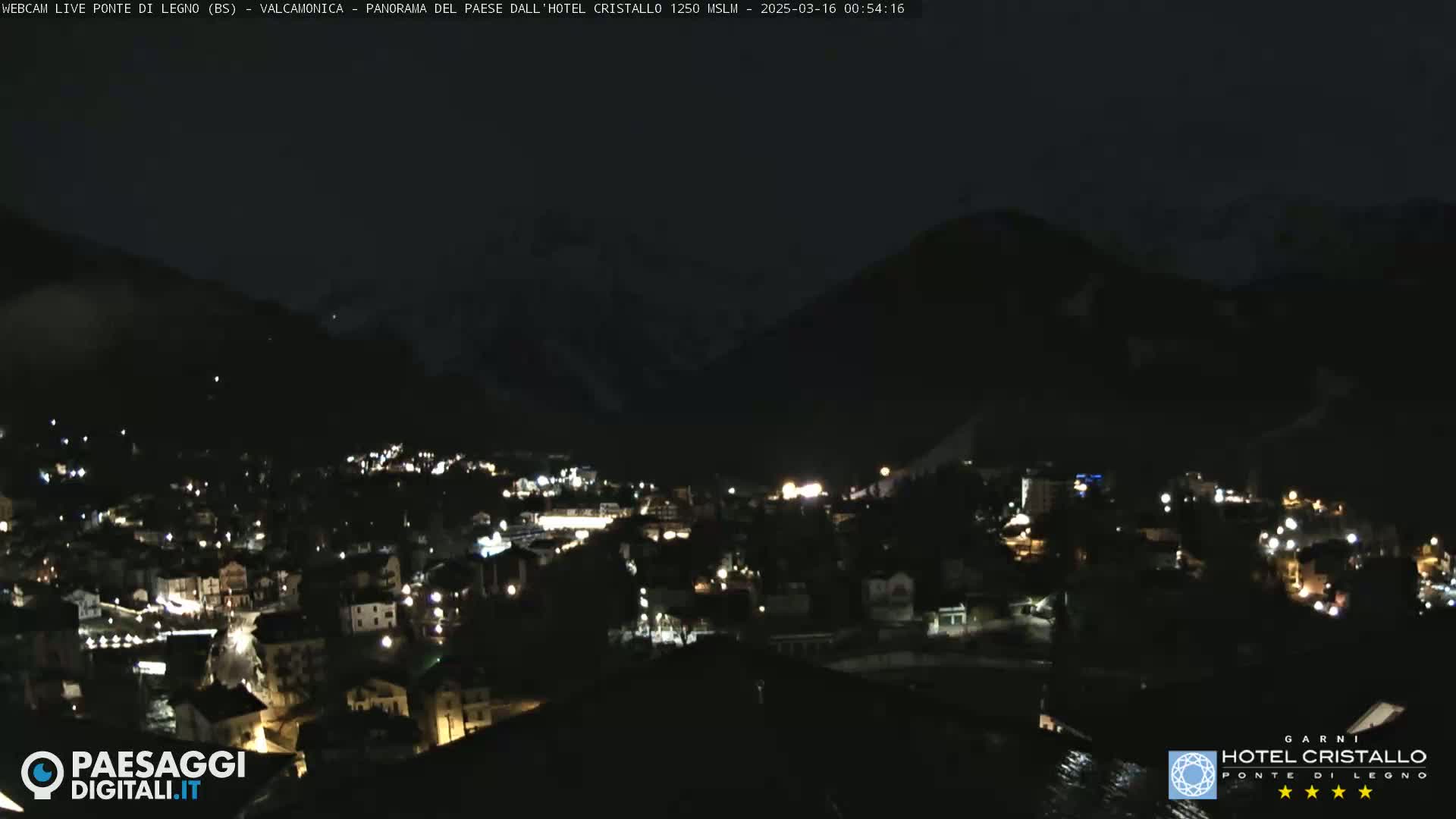 A nighttime view of a town nestled in a valley, surrounded by dark mountains under a clear, dark sky.