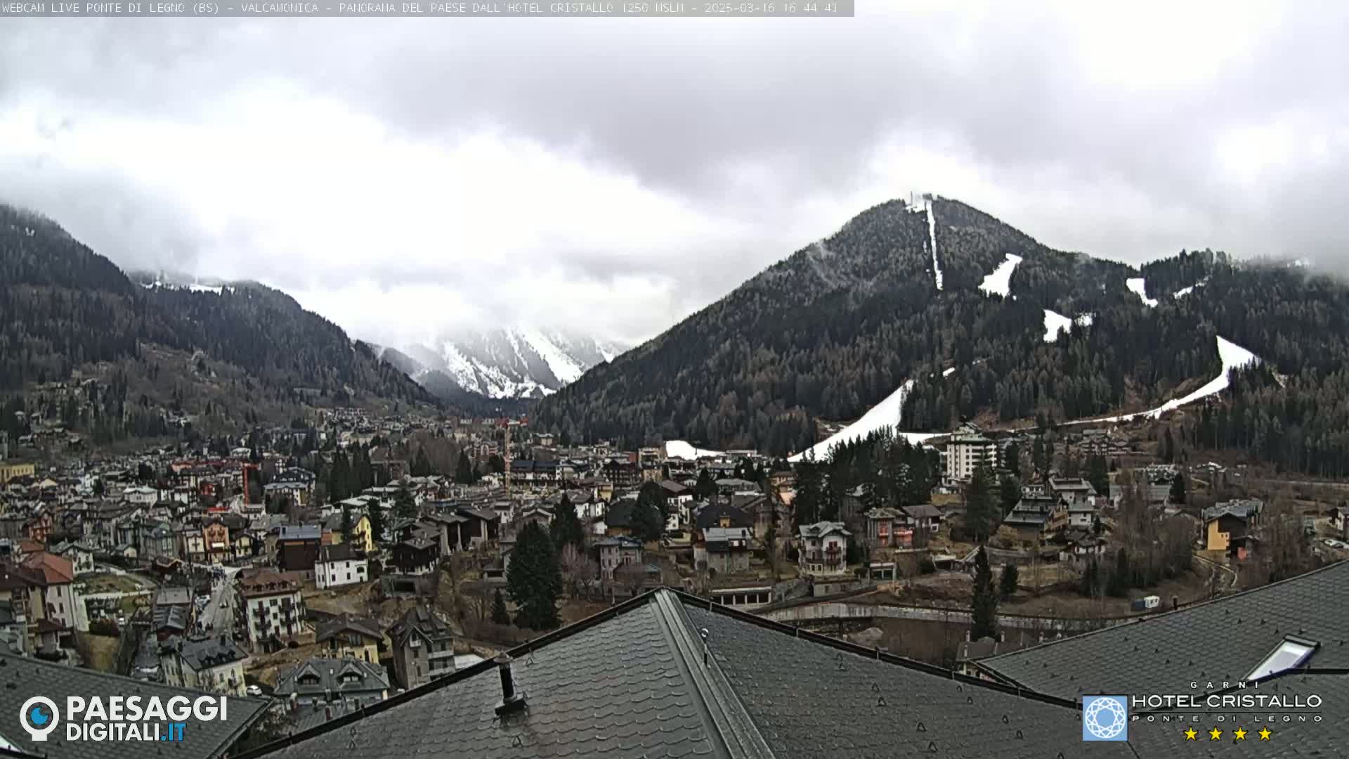 A mountain town nestled in a valley, surrounded by snow-capped mountains under an overcast sky.