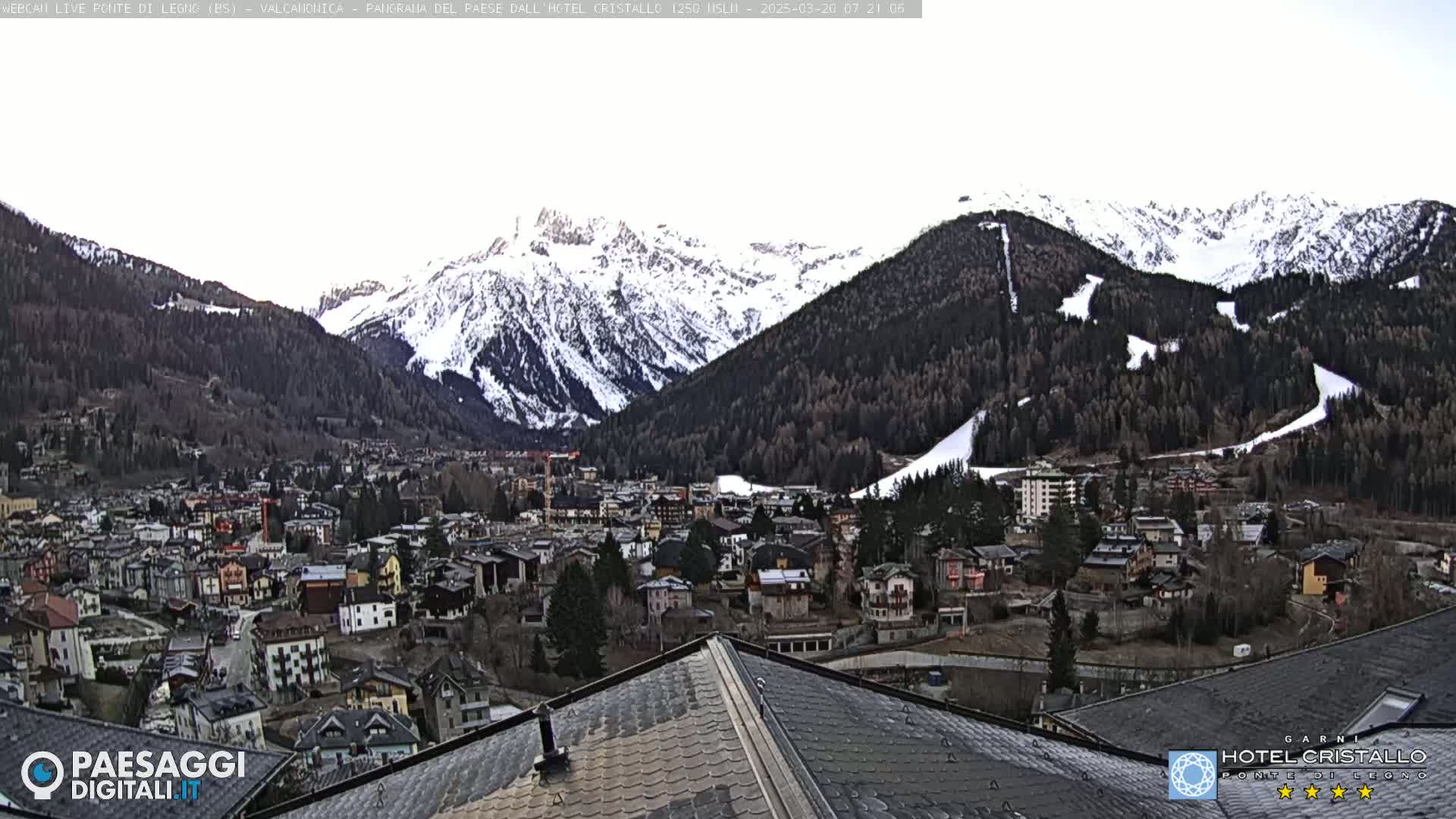 A snow-capped mountain range overlooks a town nestled in a valley under a mostly clear sky.